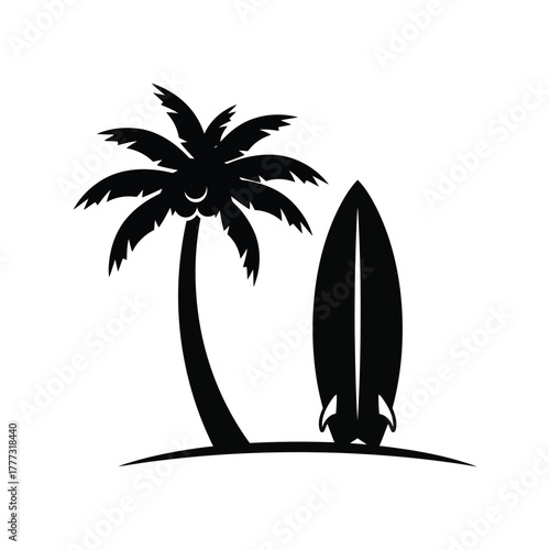 Palm tree and surfboard vector silhouette icon. tropical beach summer vacation design element isolated on white background, Vector