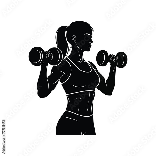 Fit woman silhouette lifting dumbbells for gym workout and strength training isolated on white background, Vector