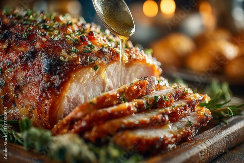 Thanksgiving Ham: juicy carved roasted thanksgiving ham, with the slices falling onto a serving platter. Glazed ham.