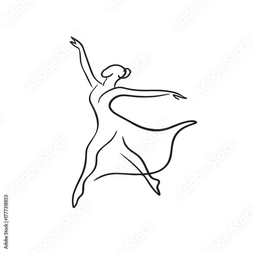 Print  Abstract line art of dancing woman, elegant movement, flowing black lines on white background, minimalist artistic vector
