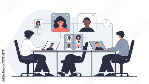 Business team in an online meeting discussing a project via video conference, showcasing remote work and global collaboration. Vector illustration