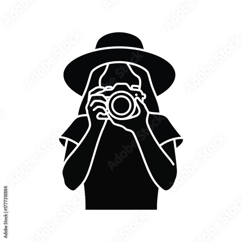 Female photographer silhouette icon with camera and hat   taking photo vector art isolated on white background, Vector