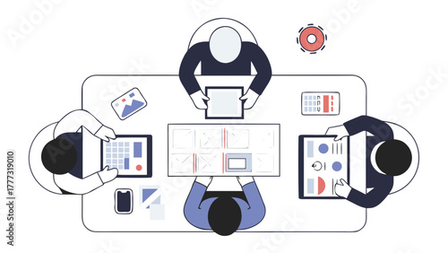 Vector illustration of a business team collaborating at a conference table, working on a project with digital devices. Top-down view of office teamwork