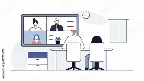 Business team having an online meeting via video conference from the office. Modern flat design for remote collaboration. Vector illustration