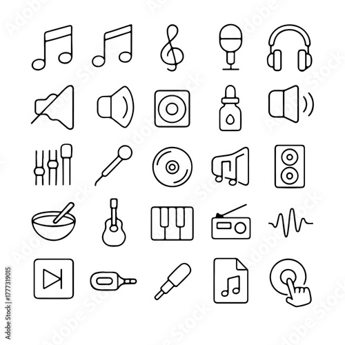 An array of musical icons that represent the world of sound and audio elements