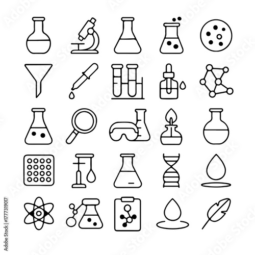 A collection of lab tools and equipment used in scientific research. The image contains lab glasses and chemical beakers in a schematic way