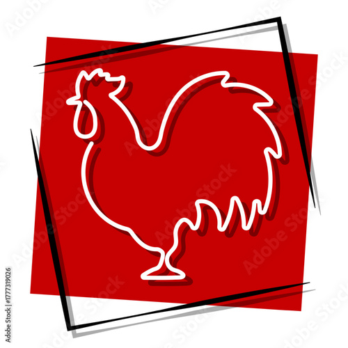 rooster, red banner in a frame. Vector illustration on a white background.