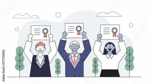Vector illustration showing a happy and diverse team of colleagues holding up their certificates, celebrating a shared accomplishment, success, or graduation