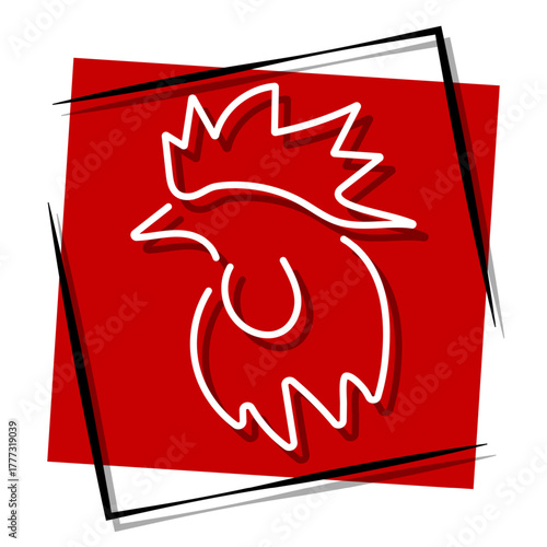 rooster, red banner in a frame. Vector illustration on a white background.