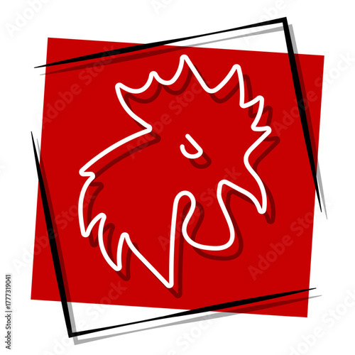 rooster, red banner in a frame. Vector illustration on a white background.