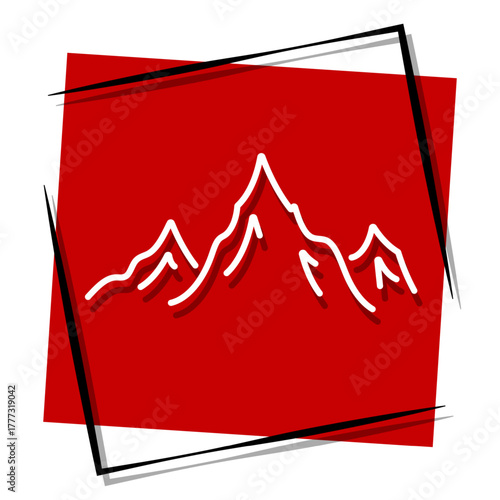 mountain, red banner in a frame. Vector illustration on a white background.
