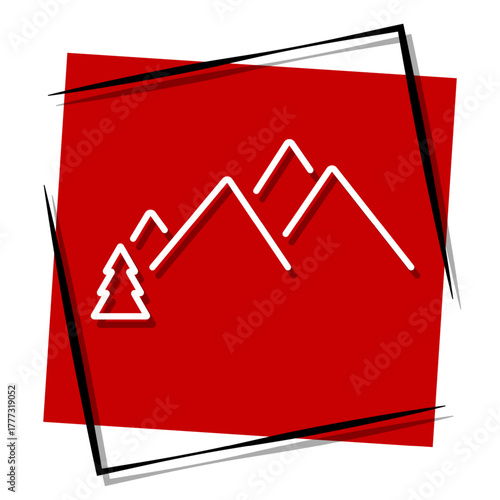 mountain, red banner in a frame. Vector illustration on a white background.