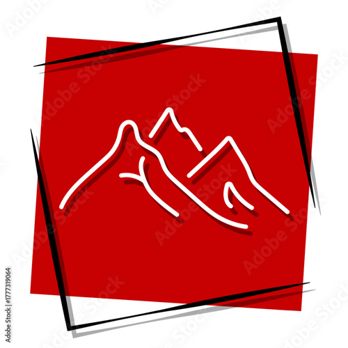 mountain, red banner in a frame. Vector illustration on a white background.