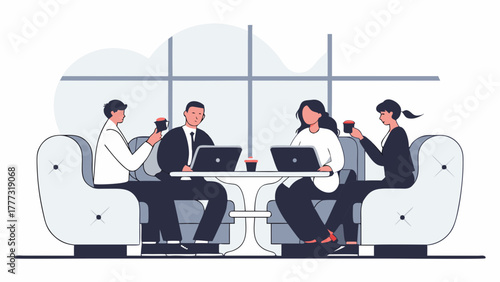 Vector illustration of a business team collaborating in a modern office lounge, working on laptops and drinking coffee during a break