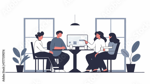 Vector illustration of a business team in a meeting, collaborating on a project. Colleagues discussing ideas and strategy in a modern office workspace