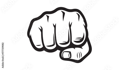 Black and white illustration of a clenched fist punching forward