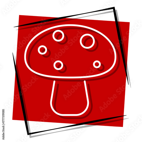 mushroom, red banner in a frame. Vector illustration on a white background.