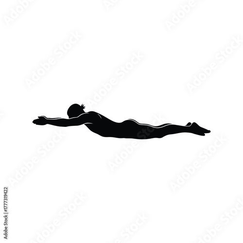 Dynamic swimmer flying silhouette vector icon. athlete superman pose yoga locust isolated on white background, Vector