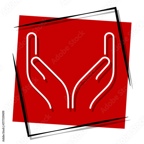 prayer hand, red banner in a frame. Vector illustration on a white background.