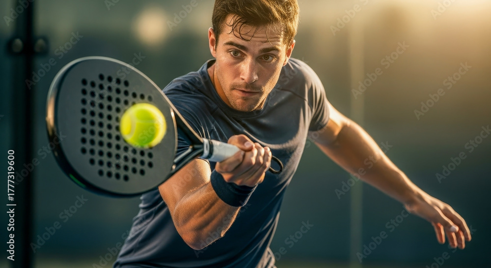 Fototapeta premium Focused male athlete playing padel tennis hitting the ball during an intense match at sunset