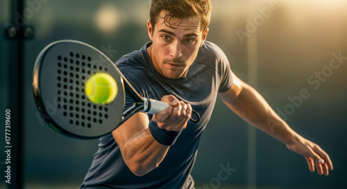 Focused male athlete playing padel tennis hitting the ball during an intense match at sunset