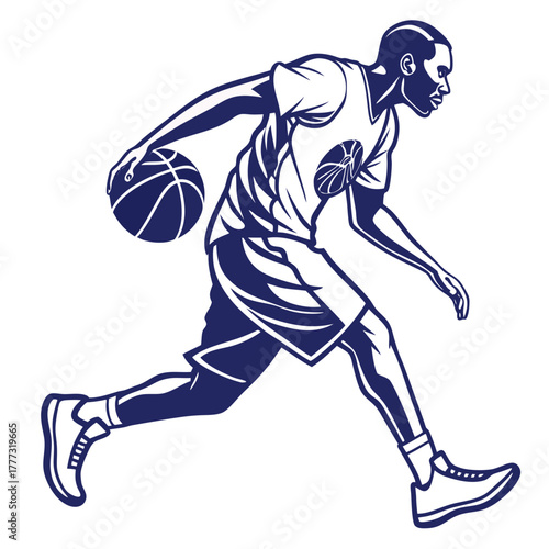 Basketball Player Dribbling Ball Vector Illustration in Action Pose