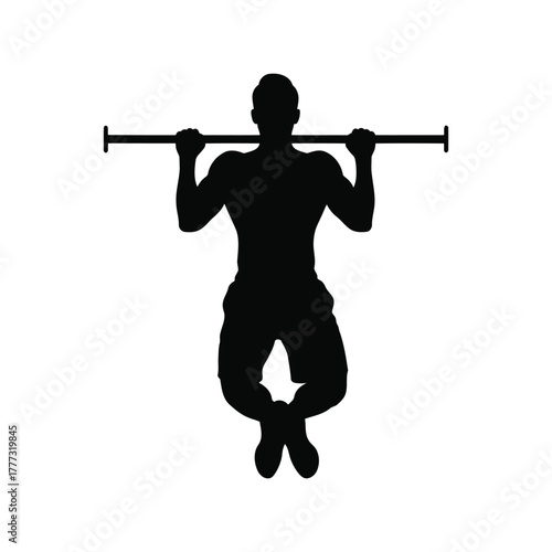 Fitness man pull up exercise silhouette icon. gym workout, strength training, body weight sport. isolated on white background, Vector