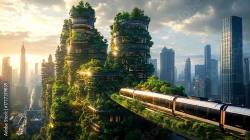 Eco-futuristic city with vertical gardens, modern architecture, and high-speed train, symbolizing sustainability, green technology, and harmony between nature and innovation in future urban design.