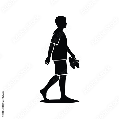 Barefoot man silhouette walking with shoes in hand, summer beach vacation lifestyle vector isolated on white background, Vector