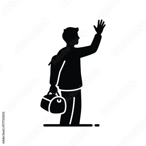 Traveler waving hand with duffel bag icon. departure, greeting, sport, journey silhouette vector isolated on white background, Vector