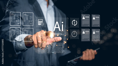 Fototapeta Naklejka Na Ścianę i Meble -  AI payroll automation concept with businessman using digital interface, artificial intelligence for salary management, financial analysis, accounting, Payroll Management.