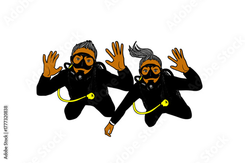 Scuba divers waving hand illustration