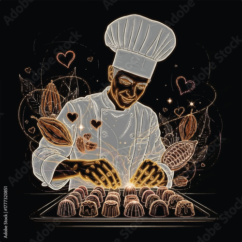 A chef in uniform carefully arranges chocolates on a tray, surrounded by artistic renderings of cocoa beans and hearts.