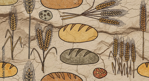 Ancient Egyptian Seamless Pattern with Wheat Grain Bread and Cracked Earth Texture