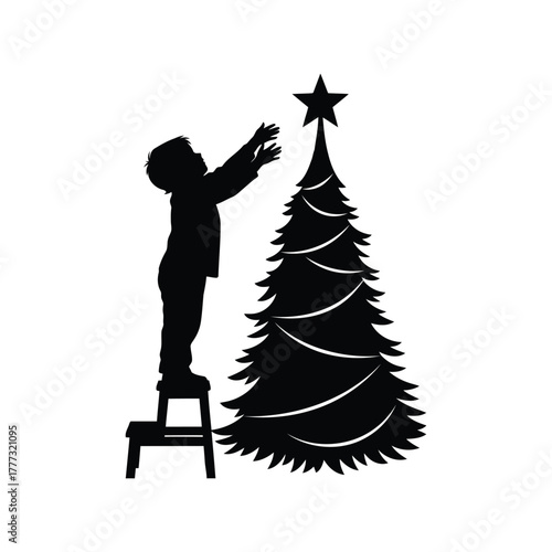 Child decorating christmas tree with star silhouette   holiday celebration vector graphic isolated on white background, Vector