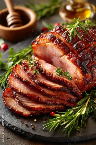 Juicy roasted Thanksgiving ham, perfectly glazed and carved, with tender slices tumbling onto a serving dish.