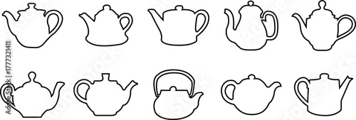 Teapot icon set in outline styles. Vintage and modern tea kettles, classic and contemporary designs, vectors illustration for café menu, kitchen decoration, restaurant branding and beverage packaging.