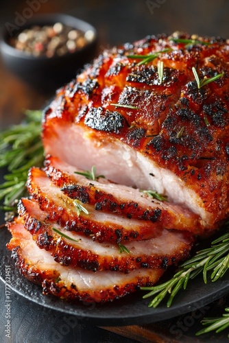 A close-up of a juicy, roasted Thanksgiving ham, freshly carved with slices cascading onto a serving platter and glistening with glaze.