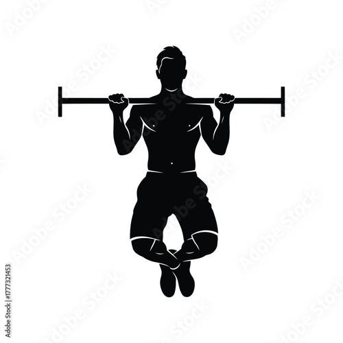 Muscular man doing pull up exercise silhouette vector. fitness strength training workout icon. isolated on white background, Vector