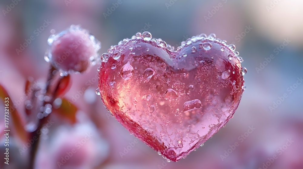 Fototapeta premium Frozen heart-shaped water droplet with ice crystals on winter plant, glistening with morning frost in pink hues against blurred natural background.