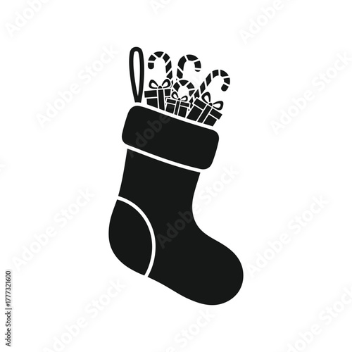 Christmas stocking icon with gifts and candy canes vector for holiday design isolated on white background, Vector