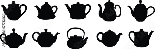 Teapot icon set in flat styles. Vintage and modern tea kettles, classic and contemporary designs, vectors illustration for café menu, kitchen decoration, restaurant branding and beverage packaging.