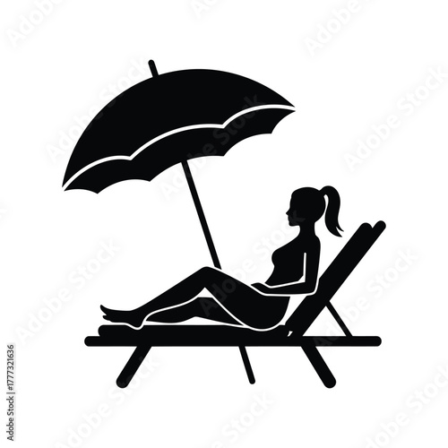Woman relaxing on beach chair under umbrella icon. summer vacation travel element isolated on white background, Vector