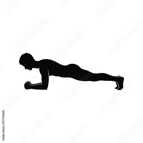 Man doing plank exercise silhouette for core strength training and fitness workout icon isolated on white background, Vector