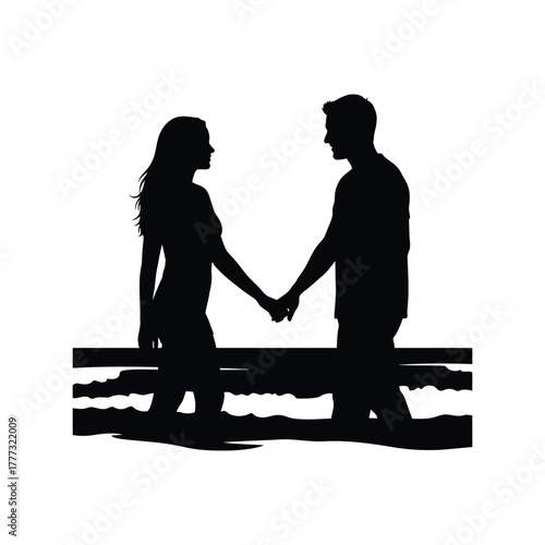 Romantic couple holding hands walking on beach silhouette vector illustration isolated on white background, Vector