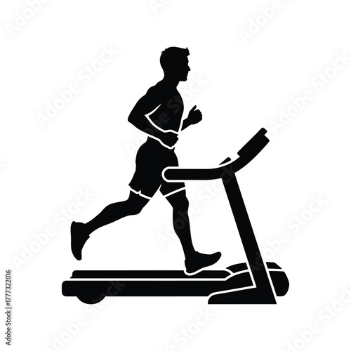 Man running on treadmill, fitness exercise, cardio workout, healthy lifestyle black silhouette icon isolated on white background, Vector