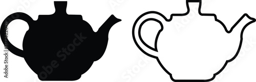 Teapot icon set flat, outline styles. Vintage and modern tea kettles, classic and contemporary designs, vectors illustration for café menu, kitchen decoration, restaurant branding, beverage packaging.