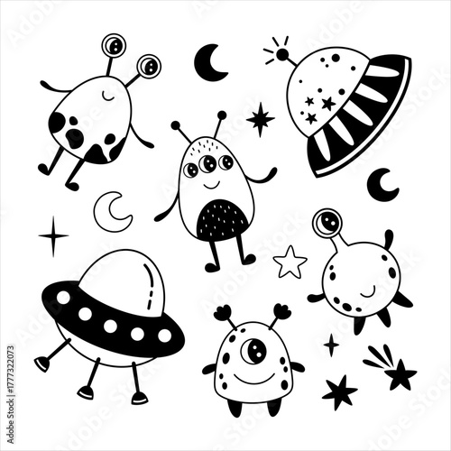 Cute cartoon alien characters and UFO flying saucers for kids space design. Black and white cosmic clipart set. Vector illustration