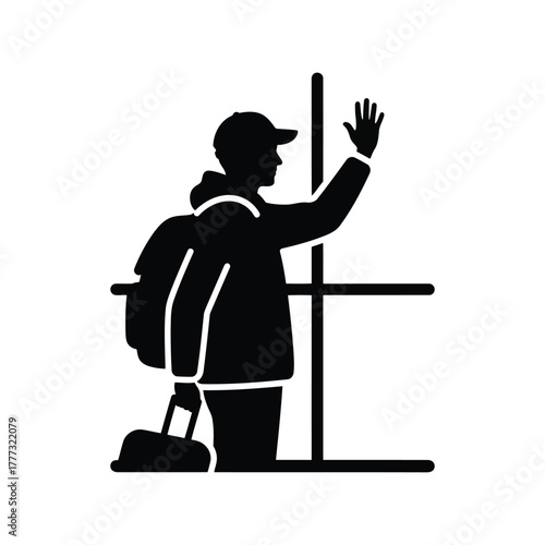 Traveler waving icon. tourist with luggage and backpack. departure, arrival, journey concept isolated on white background, Vector