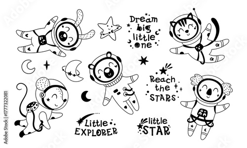Cartoon animal astronauts and inspirational motivational phrases for kids space design. Black and white cosmic adventure clipart doodle. Vector illustration.